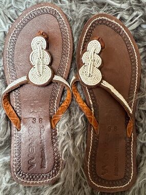 Wewe Handcrafted Brown Leather Sandals with White Beaded Detail